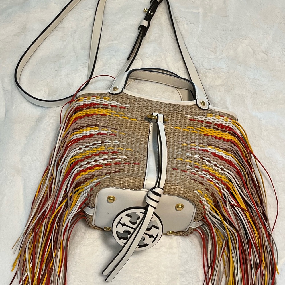 Tory Burch rattan and leather fringed tote bag